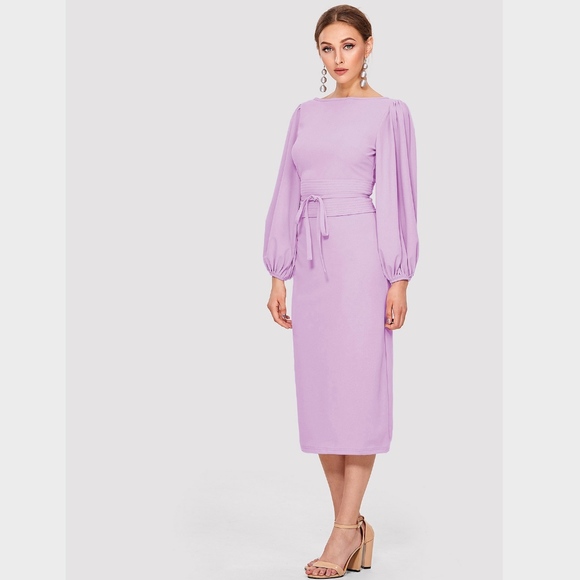 Lavender Bishop Sleeve Belted Midi Pencil Dress - Picture 3 of 7